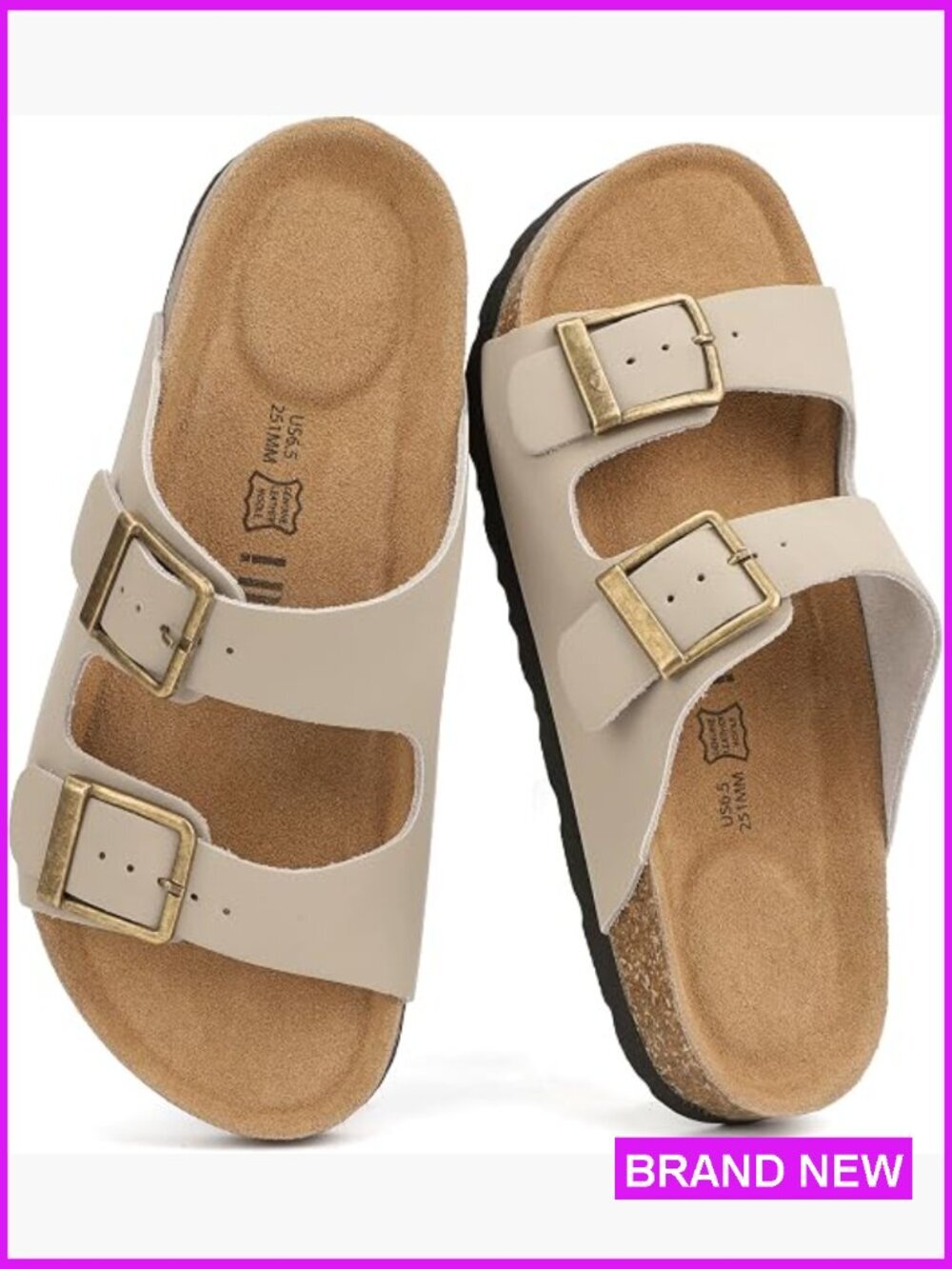 Leather Slide Sandals with Adjustable Buckle Straps Arch Support Comfort